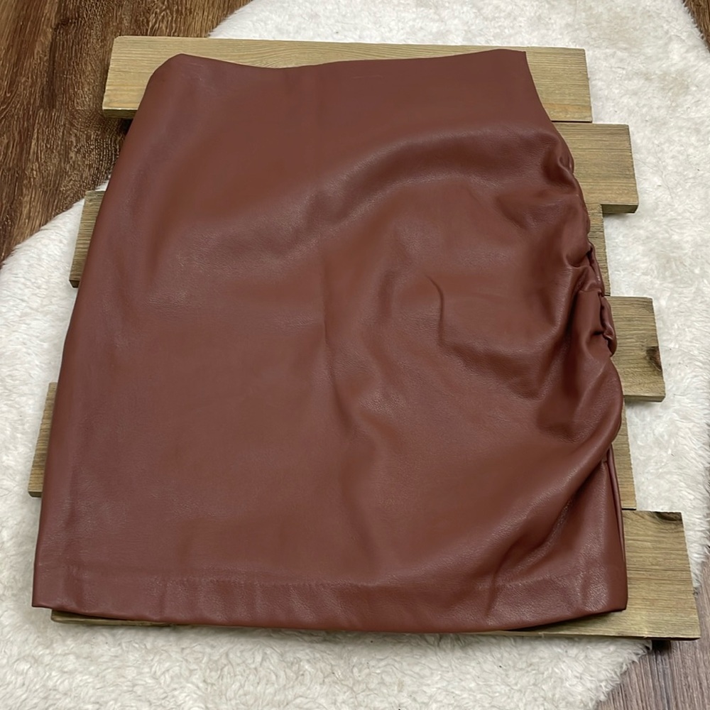 Bishop + Young Brown Vegan Leather Ruched Mini Pencil Skirt